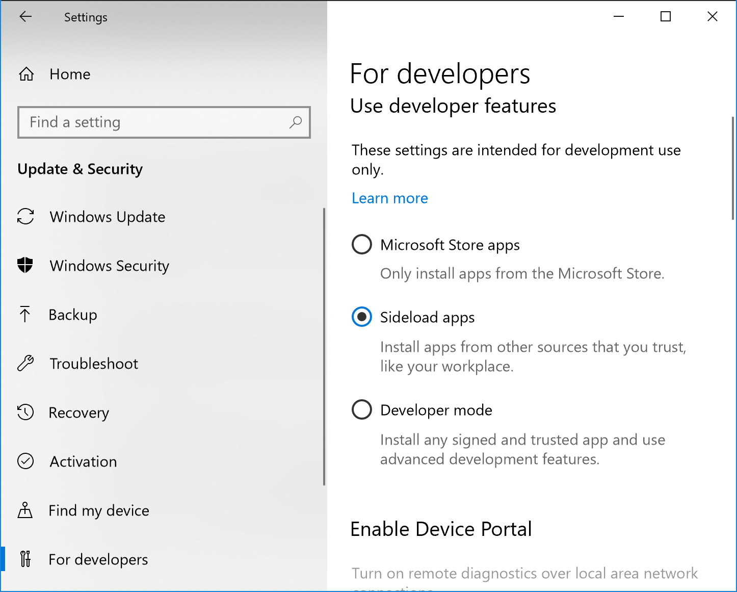 Image of enabling Sideloading